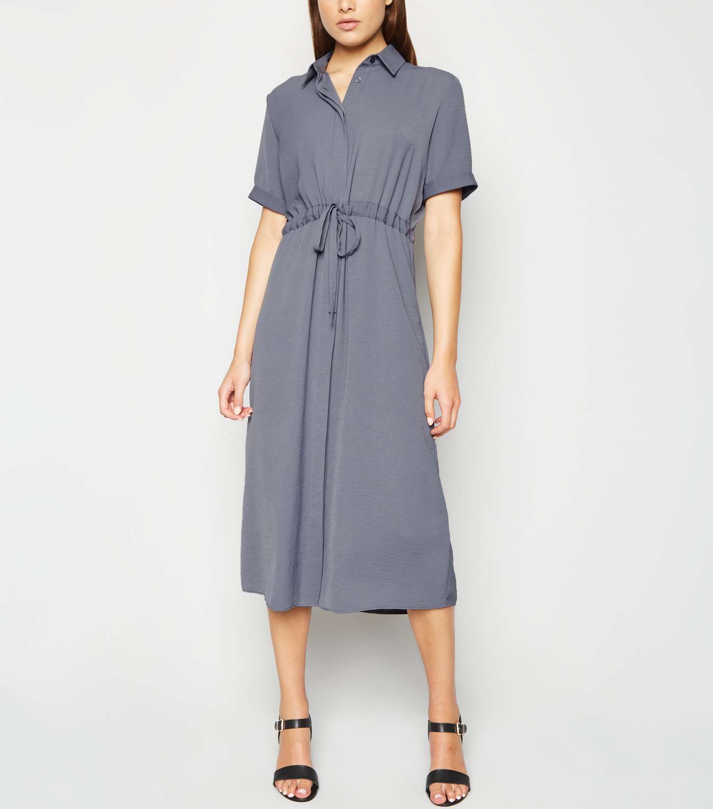 Grey Drawstring Waist Midi Shirt Dress