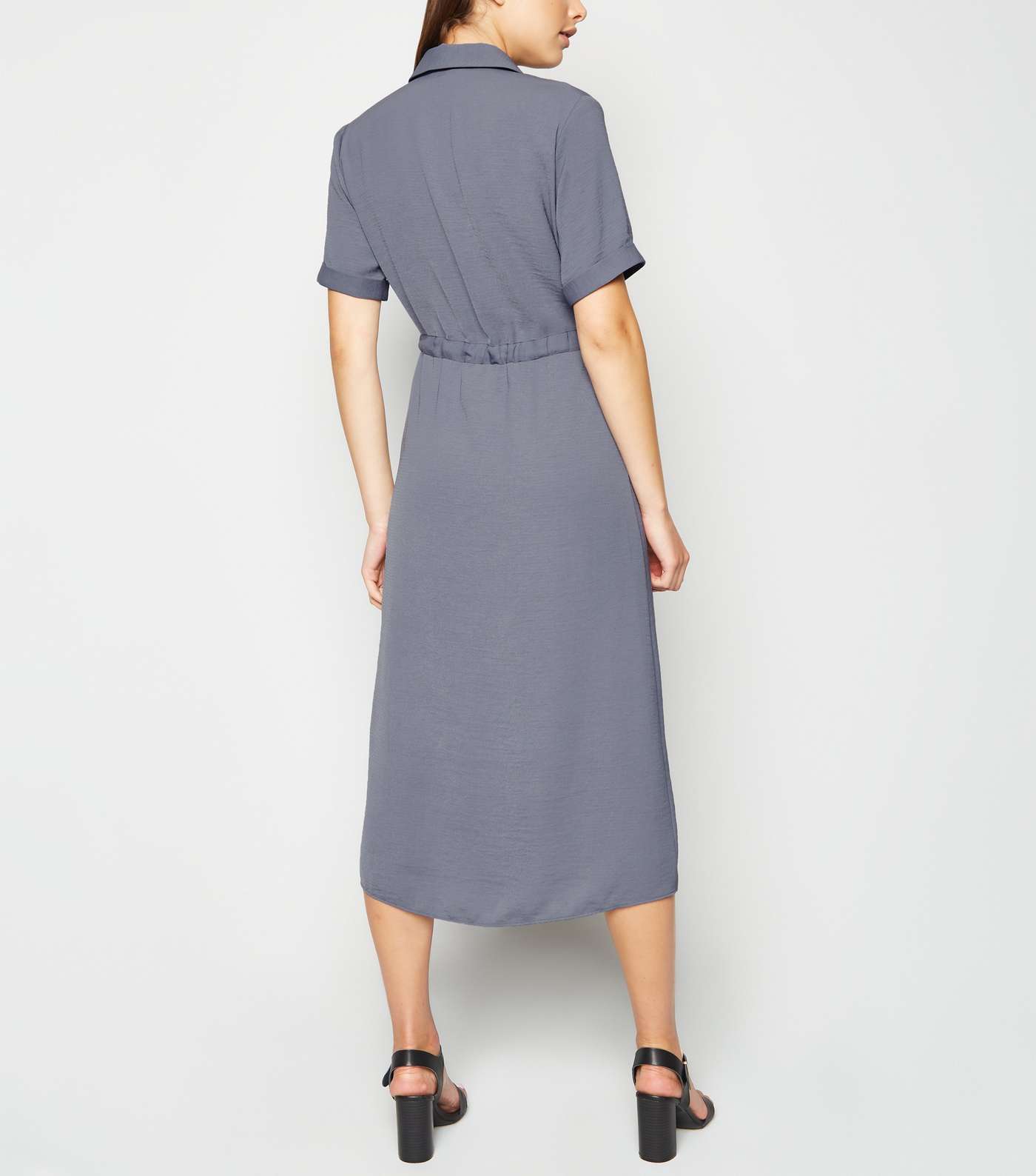 Grey Drawstring Waist Midi Shirt Dress Image 3