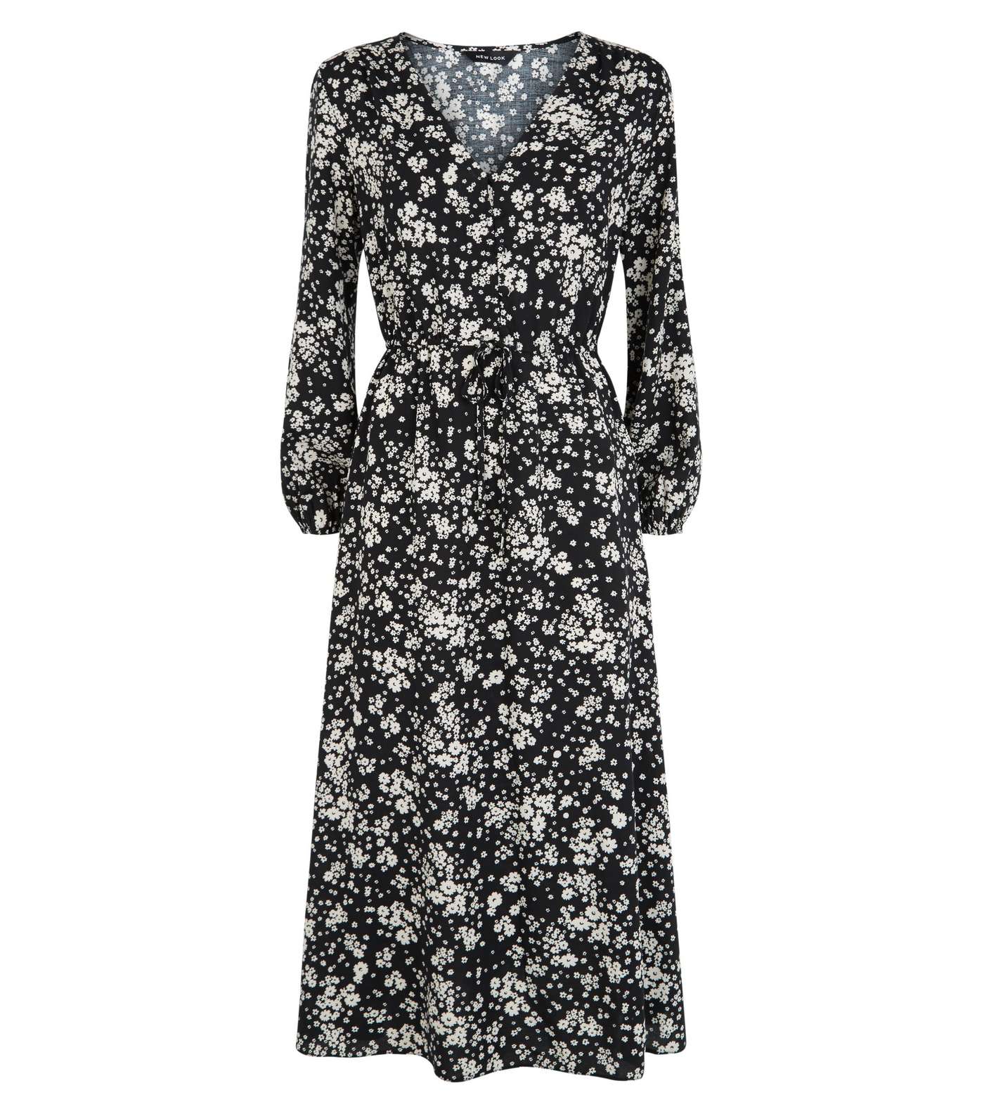 Black Floral Drawstring Long Sleeve Midi Dress Image 4