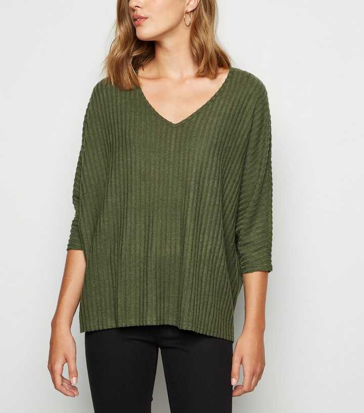 Khaki Brushed Rib Knit Batwing Jumper
