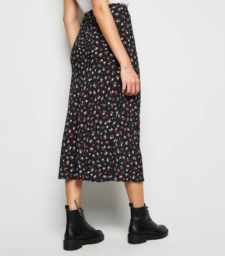 | New Floral Midi Look Skirt Rose Black Print