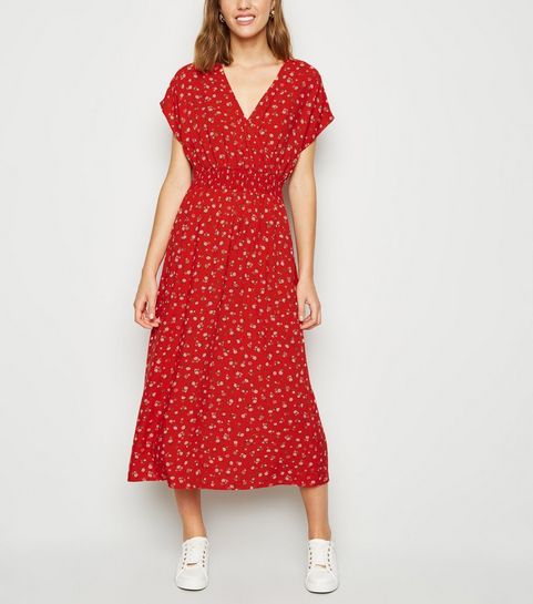 Red Floral Shirred Waist Wrap Midi Dress