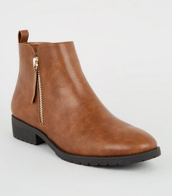 Tan Leather-Look Flat Ankle Boots | New Look