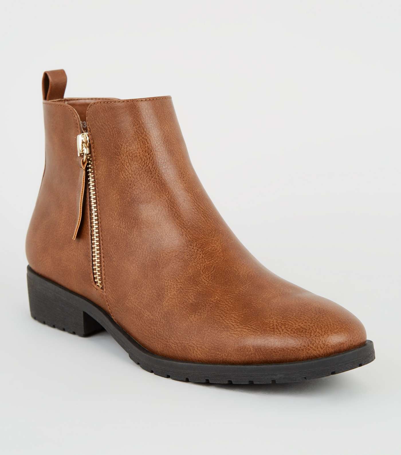 Tan Leather-Look Flat Ankle Boots