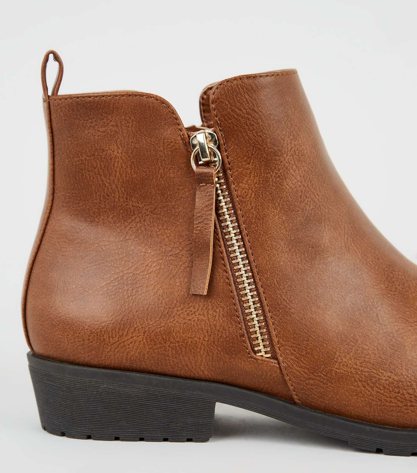 Tan Leather-Look Flat Ankle Boots Image 3