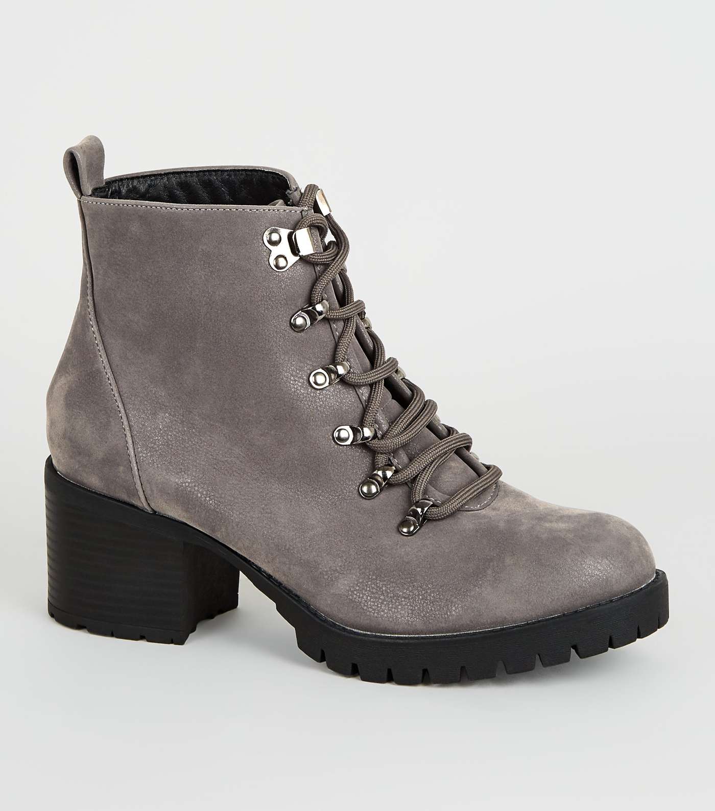 Wide Fit Grey Mid Heel Hiker Boots
