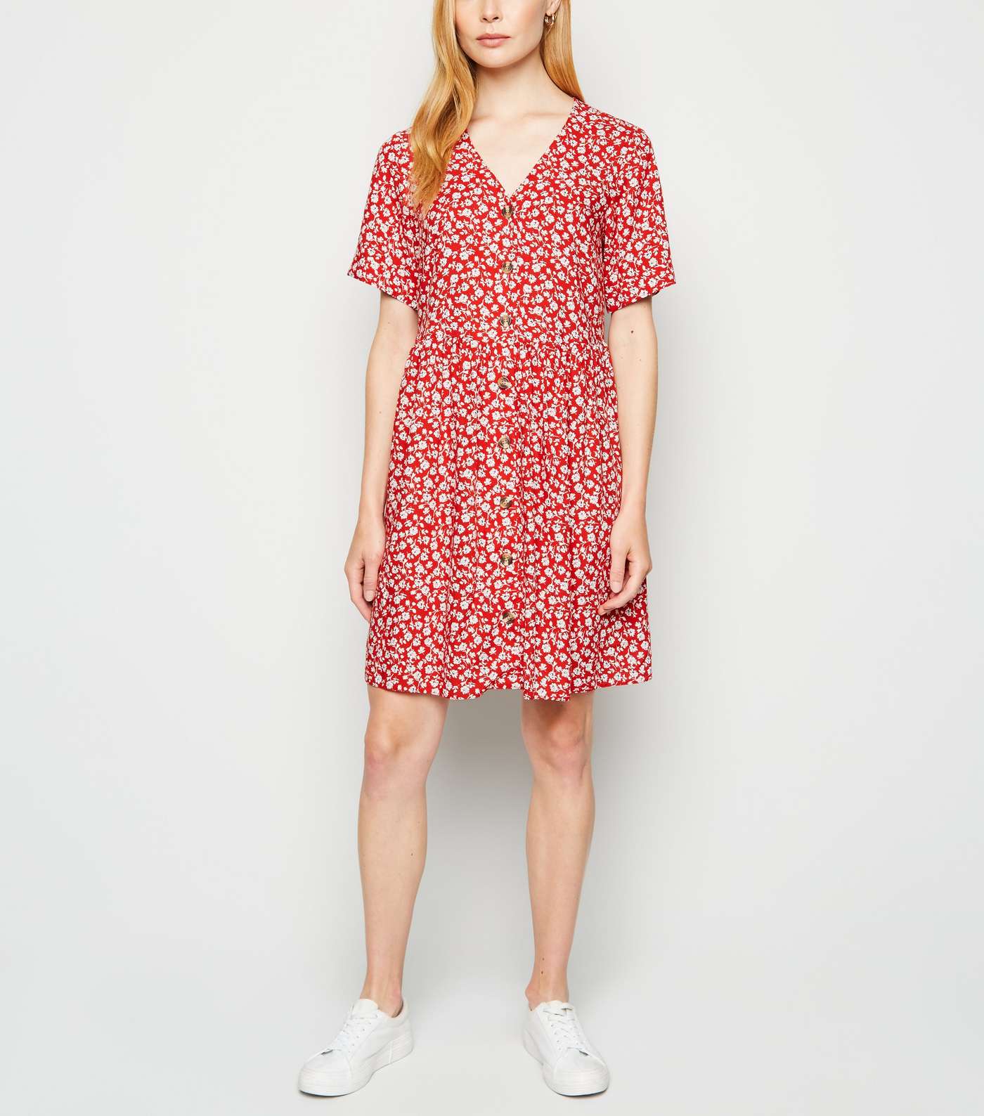 Red Floral Button Mini Smock Dress