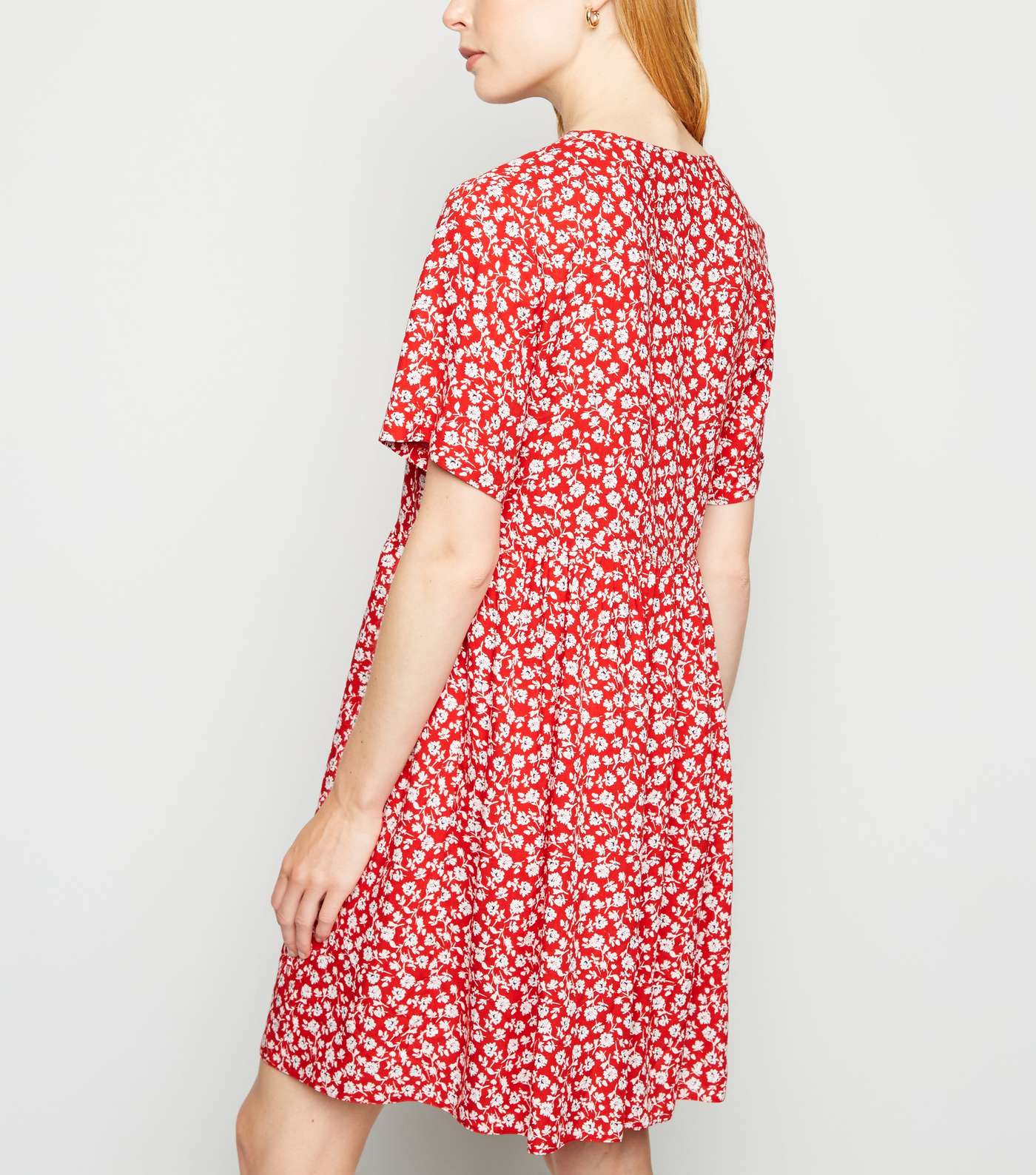 Red Floral Button Mini Smock Dress Image 3