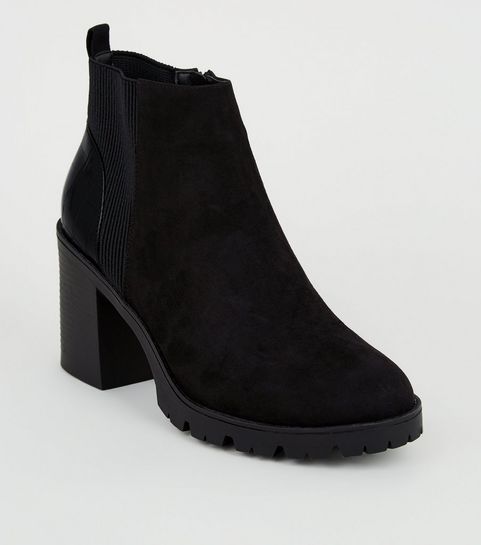 Black Faux Croc Panel Chunky Chelsea Boots