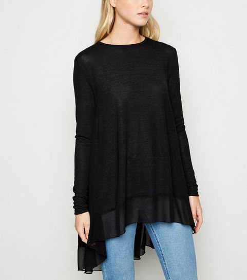 Schwarzes, langes Top aus Feinstrick mit Chiffonrückseite