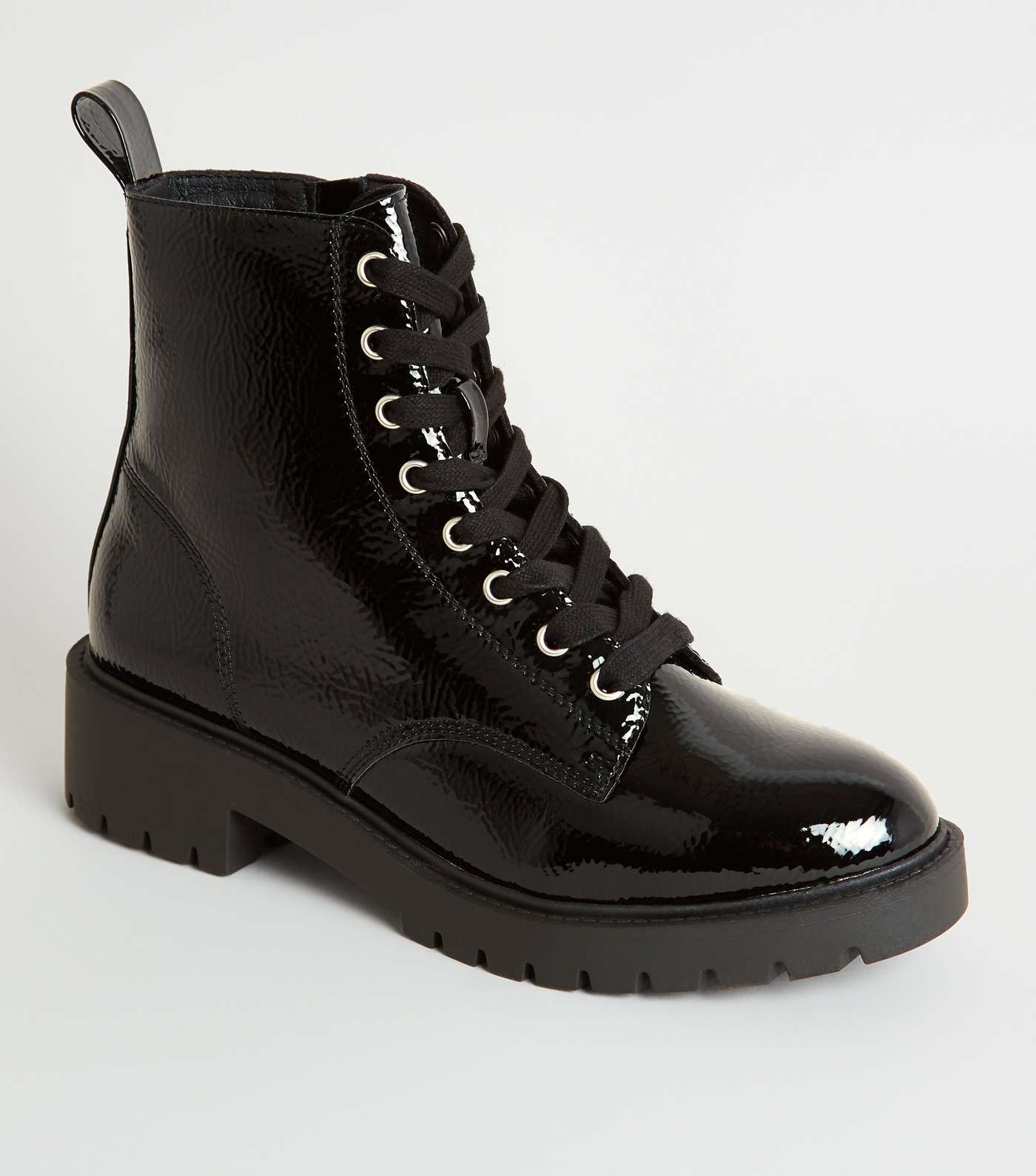 Girls Black Crinkle Patent Lace Up Boots