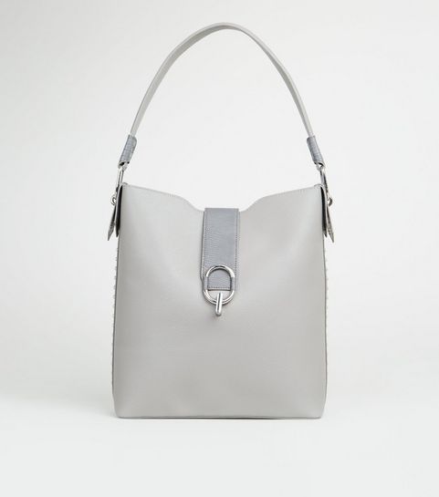 Grey Leather-Look Side Stud Tote Bag