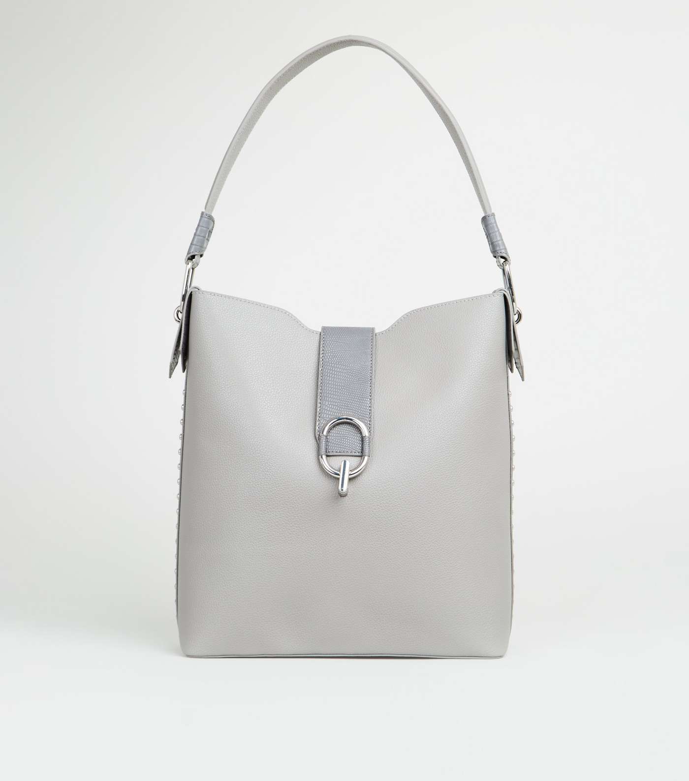 Grey Leather-Look Side Stud Tote Bag