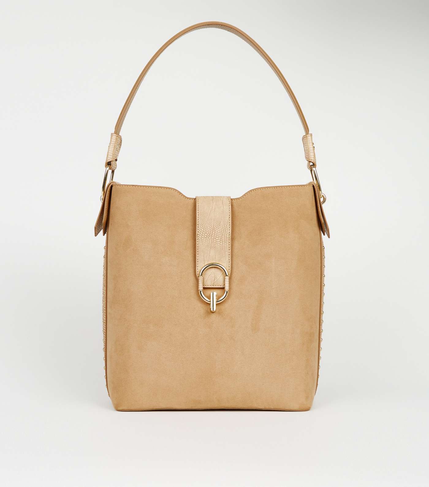 Camel Leather-Look Side Stud Tote Bag