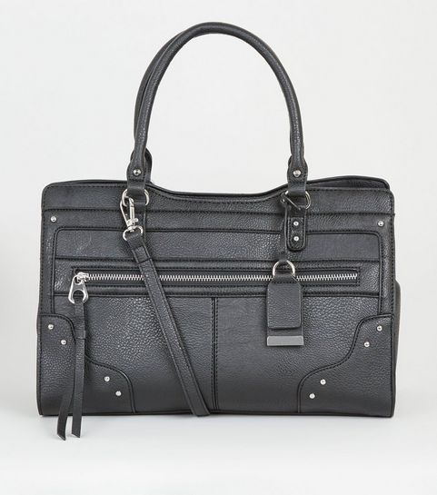 Black Leather-Look Stud Tote Bag