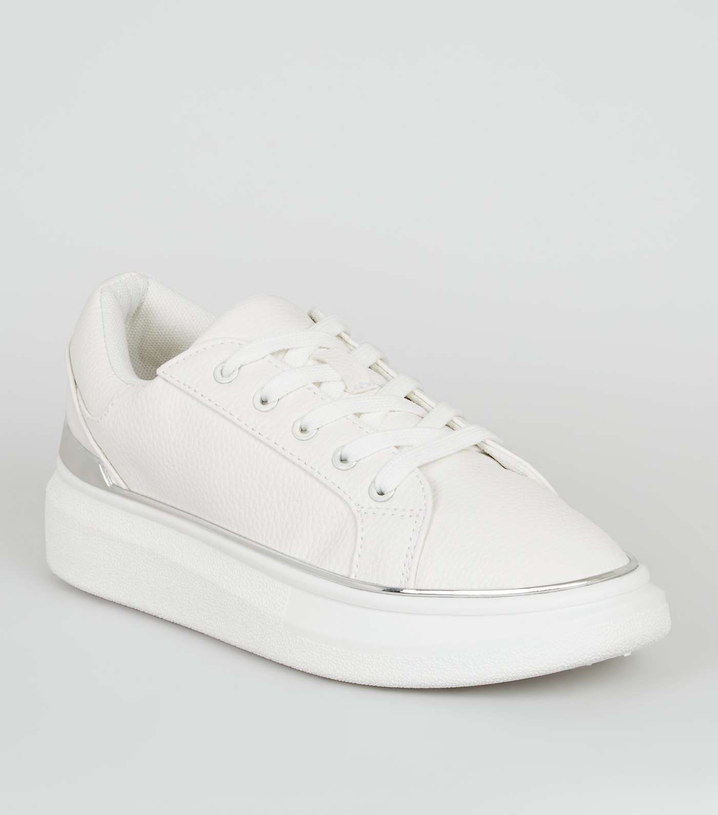 Girls White Leather-Look Metal Trim Trainers