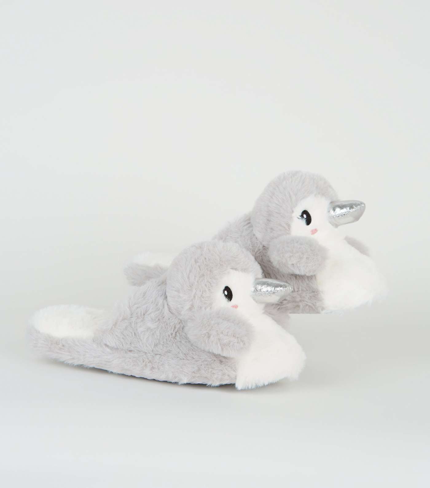 Girls Grey Faux Fur Penguin Slippers Image 3