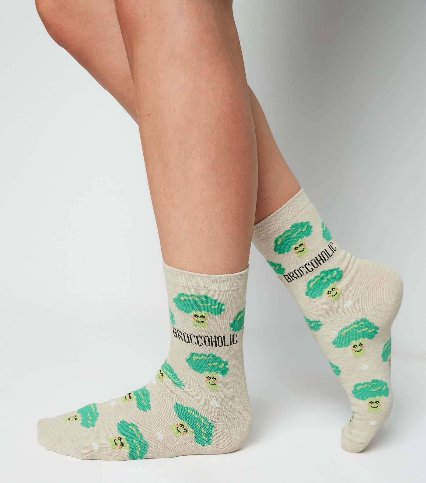 Cream Broccoholic Slogan Socks Image 2