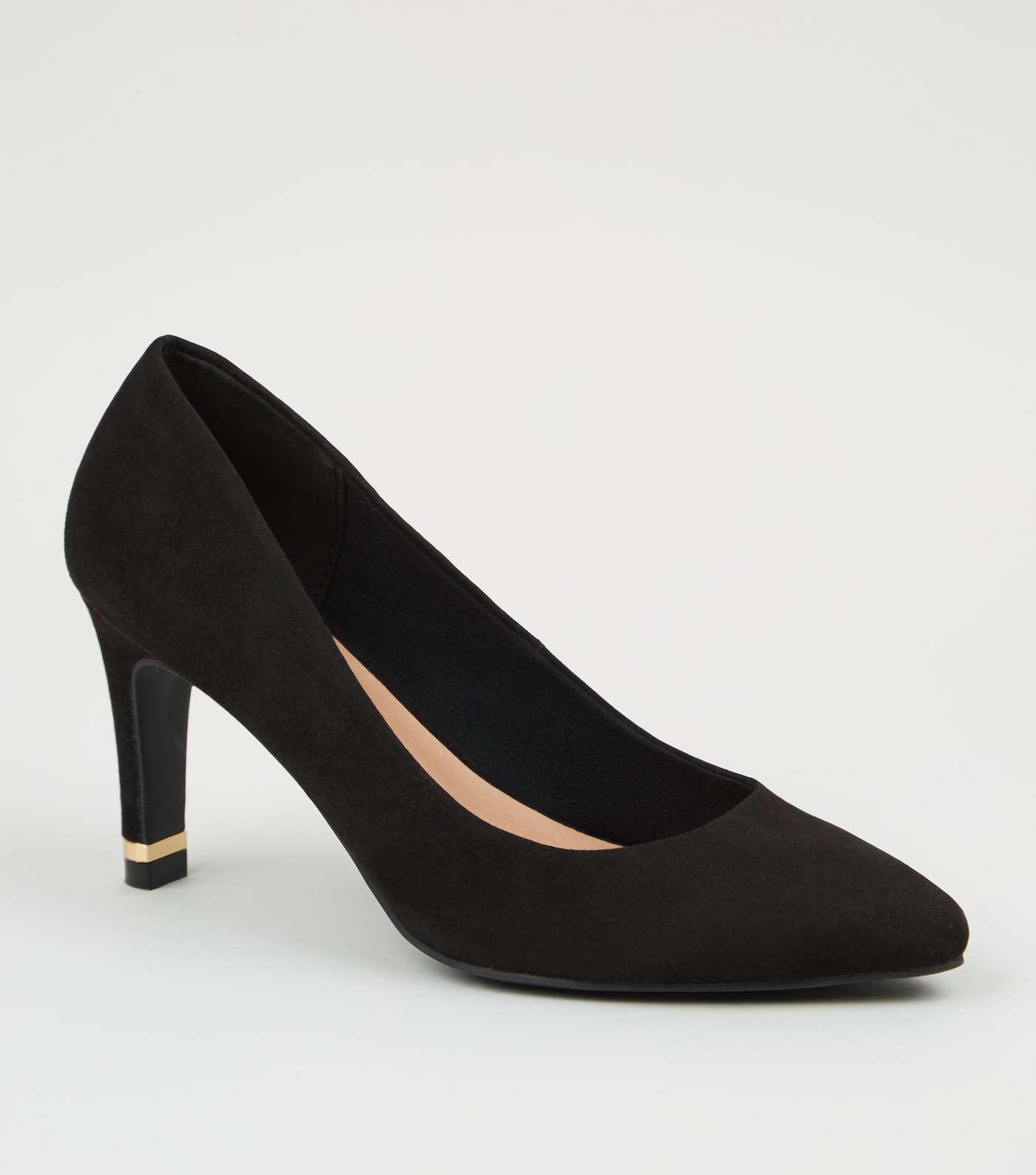 Black Suedette Metal Heel Pointed Court Shoes Image 2