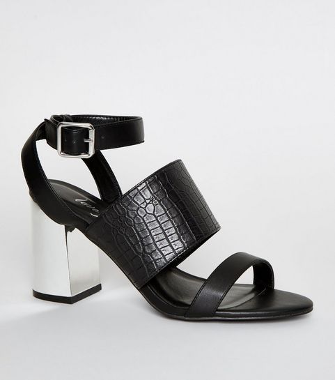 Black Faux Croc Metal Block Heel Sandals