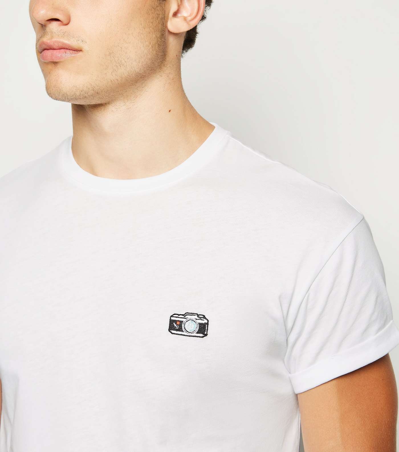 White Camera Embroidered Crew Neck T-Shirt Image 3