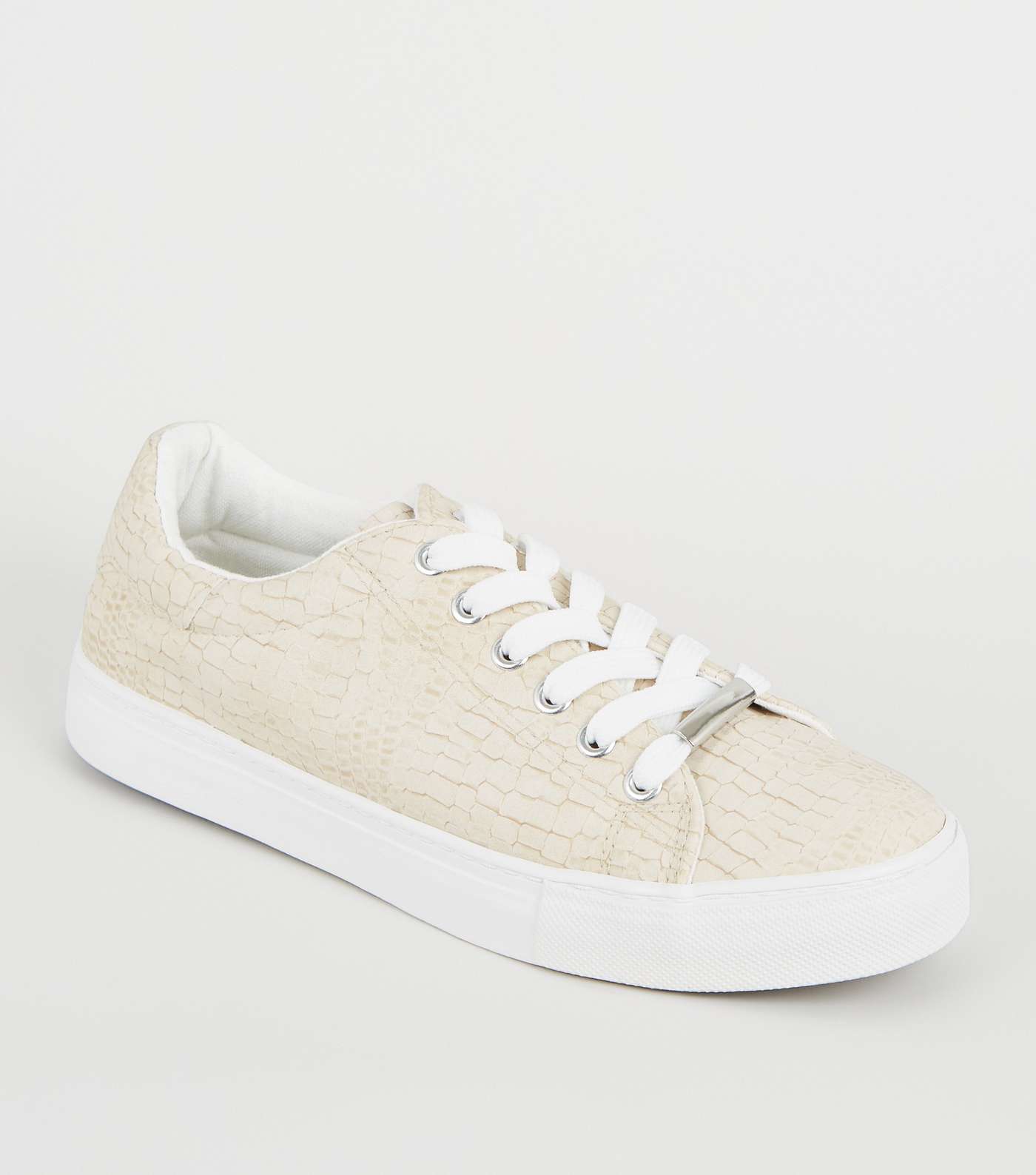 Off White Faux Croc Lace Up Trainers