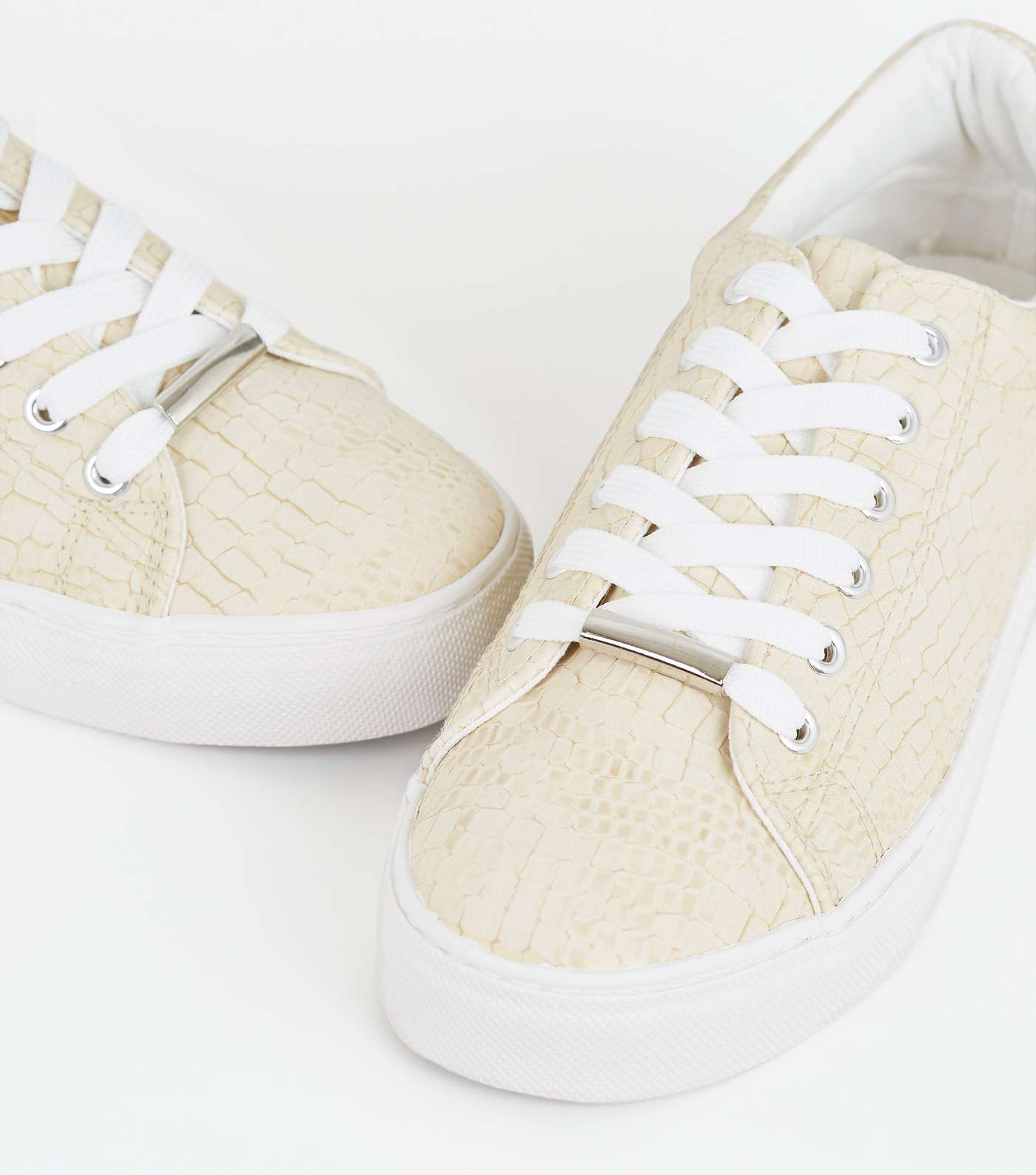 Off White Faux Croc Lace Up Trainers Image 3