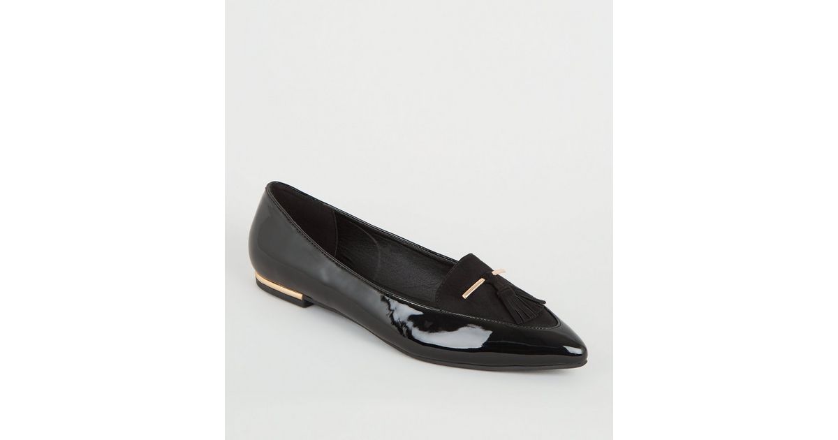 Black Patent Tassel Trim Loafers New Look