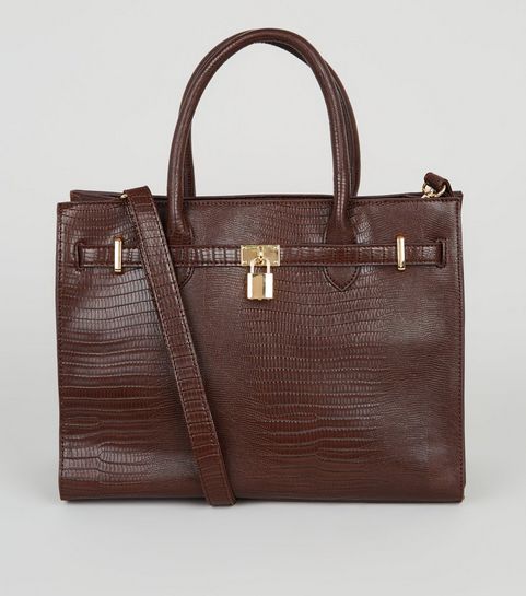 Dark Brown Faux Snake Padlock Tote Bag