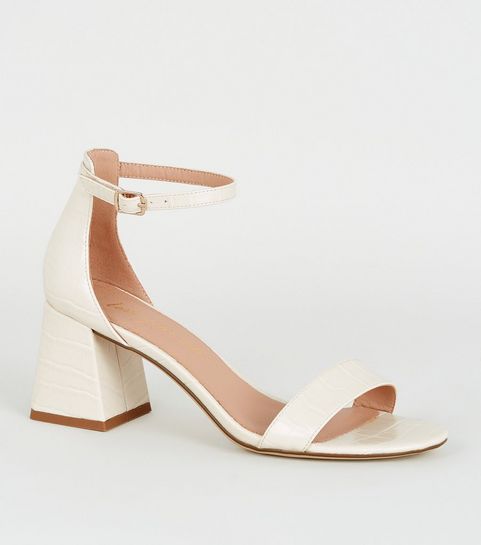 Off White Faux Croc Block Heel Sandals