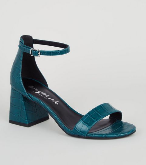 Teal Faux Croc Block Heel Sandals
