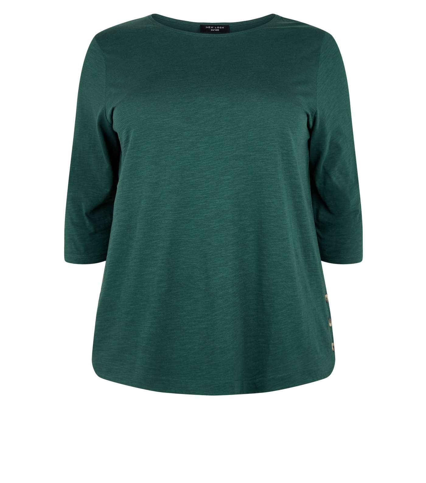 Curves Dark Green 3/4 Sleeve Button Side T-Shirt Image 4