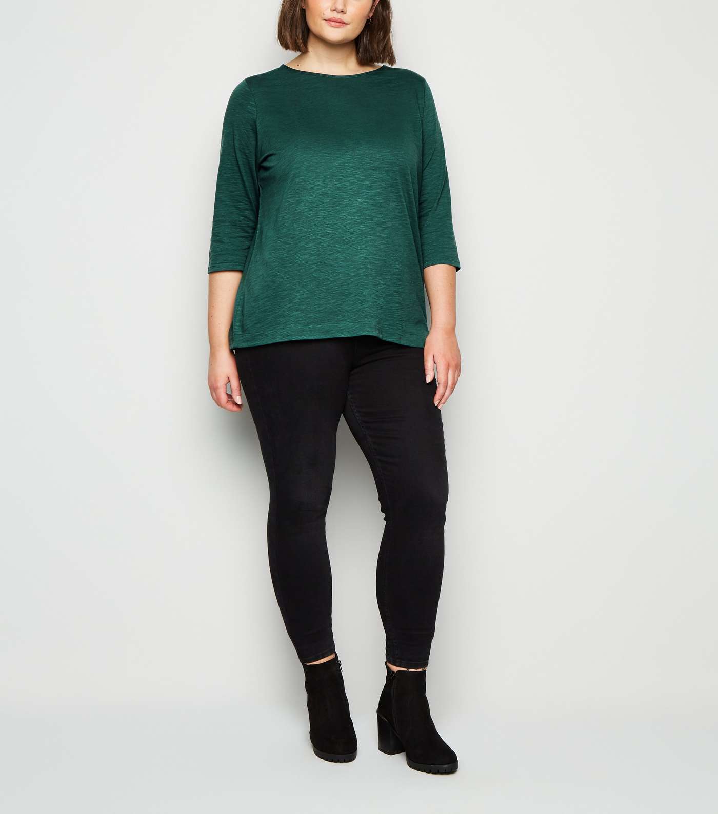 Curves Dark Green 3/4 Sleeve Button Side T-Shirt Image 2