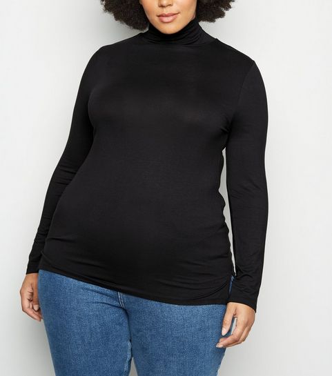 Curves Black Side Split Roll Neck Top