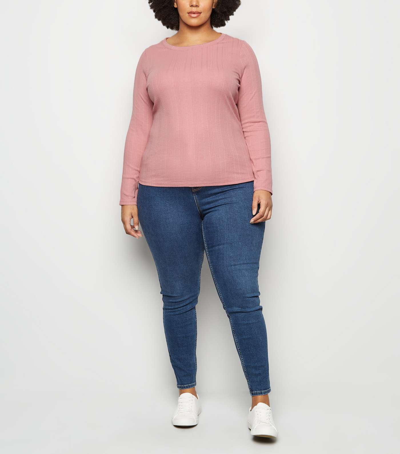 Curves Mid Pink Ribbed Long Sleeve Top Image 2