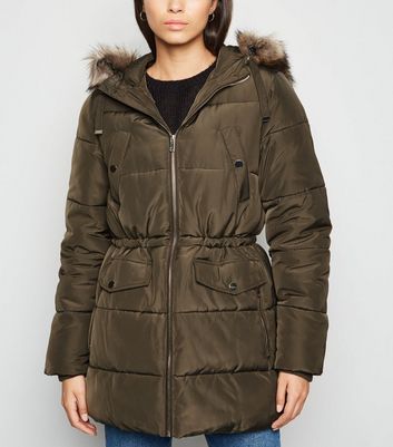 khaki puffer jacket with fur hood