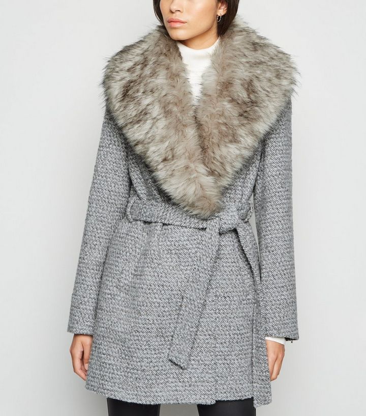 Light Grey Flecked Faux Fur Collar, Next Grey Belted Faux Fur Collar Coats Womens