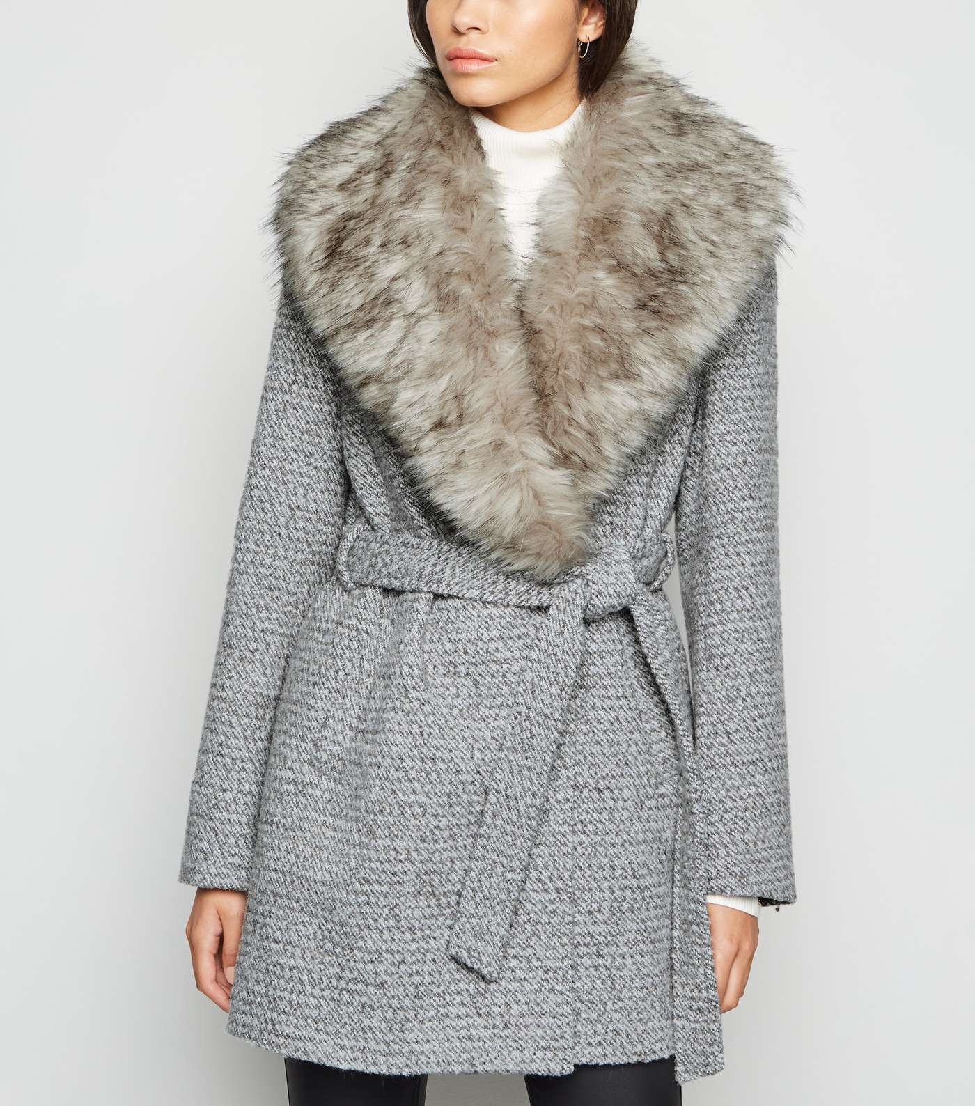 Light Grey Flecked Faux Fur Collar Belted Coat