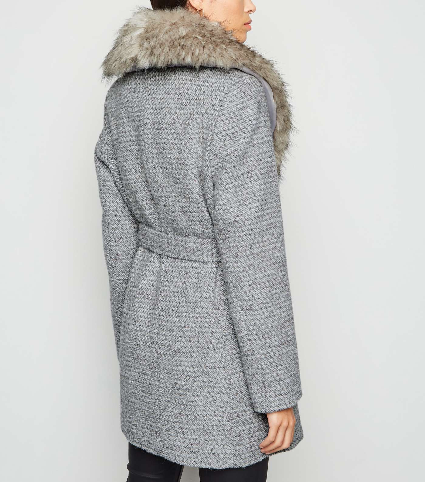Light Grey Flecked Faux Fur Collar Belted Coat Image 3