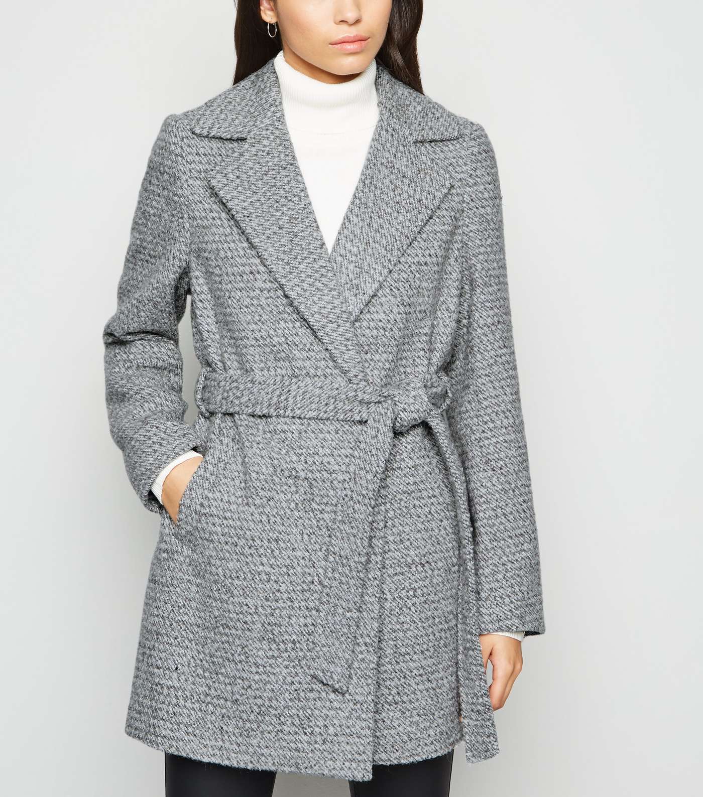 Light Grey Flecked Faux Fur Collar Belted Coat Image 5