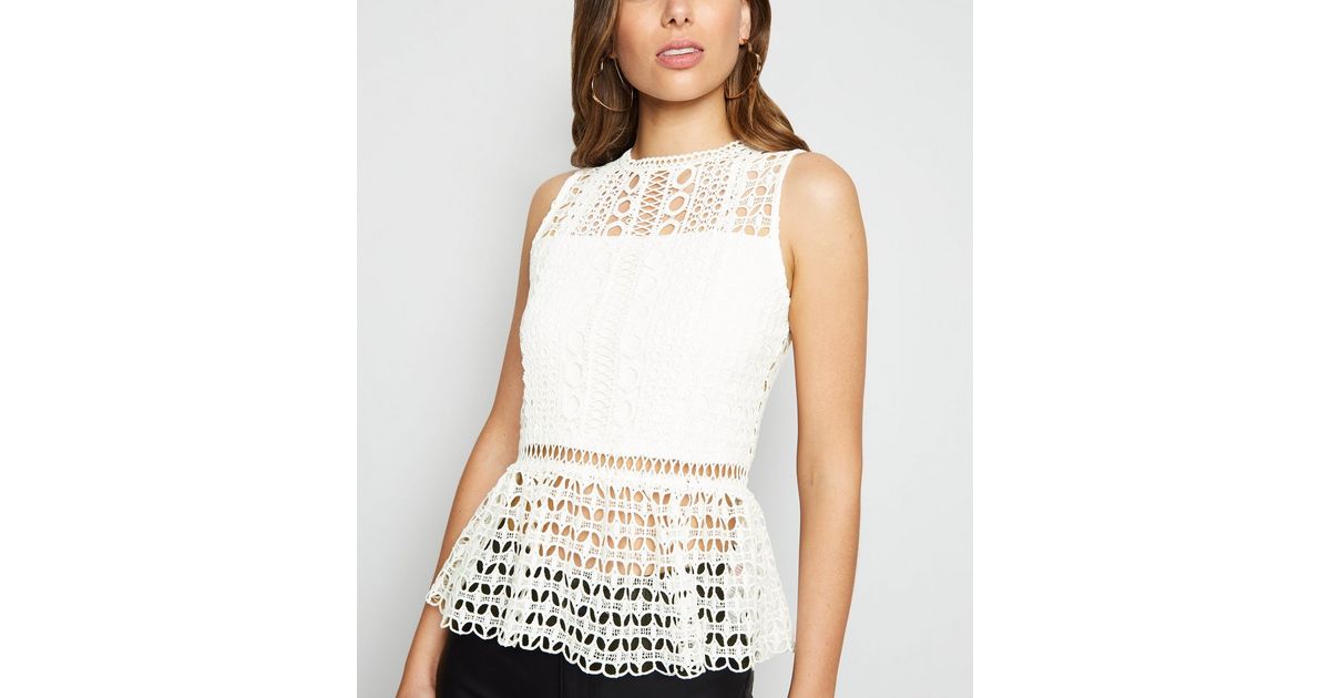 White Crochet Peplum Top New Look 9550