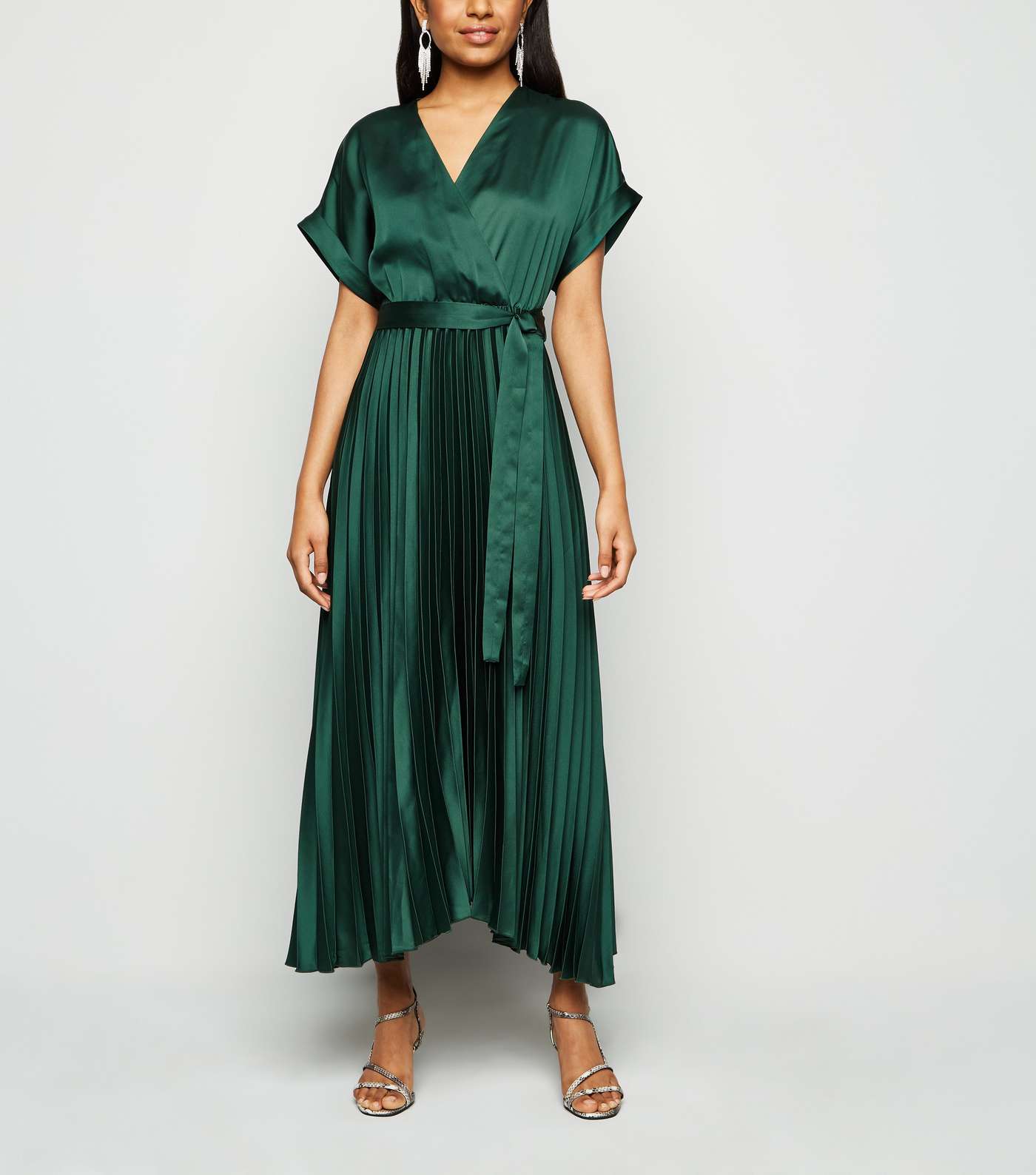 Petite Dark Green Pleated Satin Midi Dress
