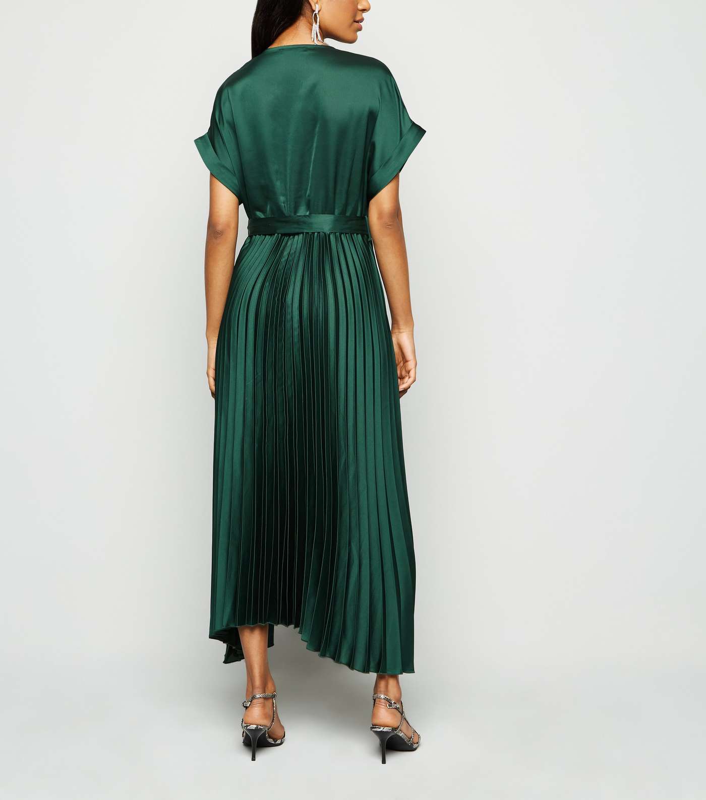 Petite Dark Green Pleated Satin Midi Dress Image 3