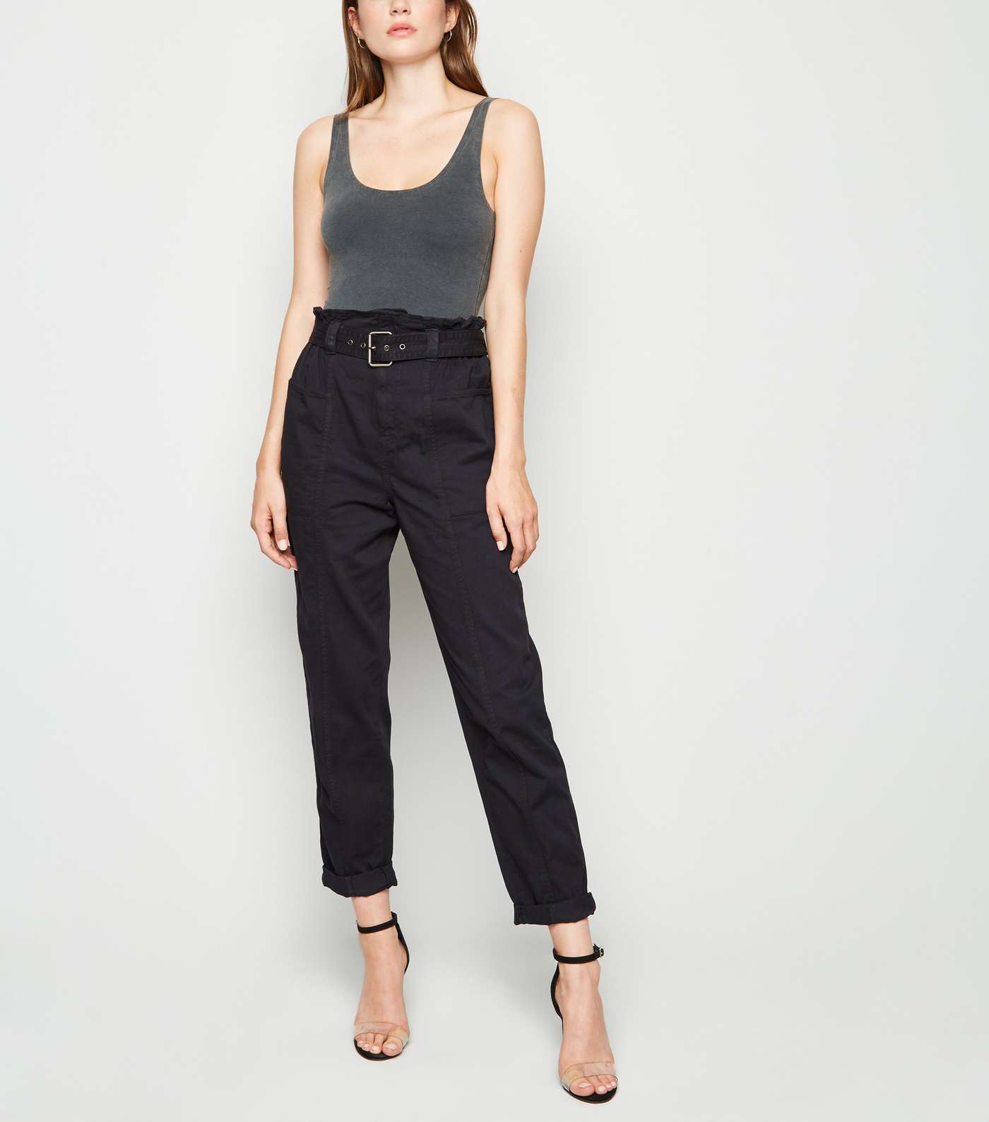 Black Denim High Waist Belted Utility Trousers Image 5