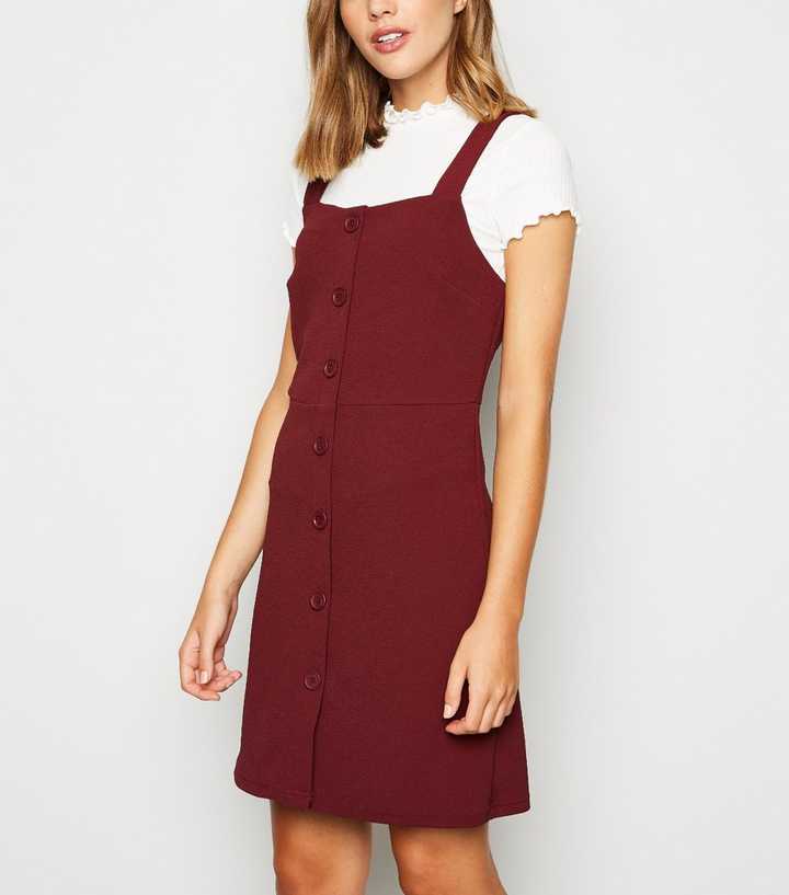 Burgundy Button Front Fitted Pinafore Dress