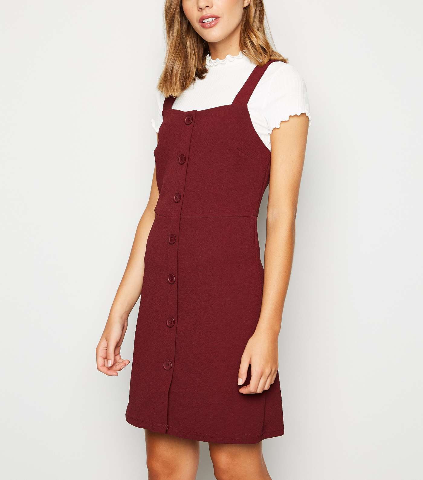 Burgundy Button Front Fitted Pinafore Dress