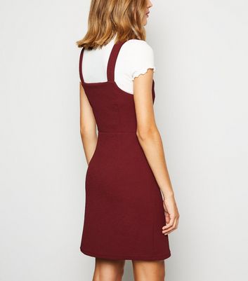 Burgundy Button Front Fitted Pinafore Dress New Look