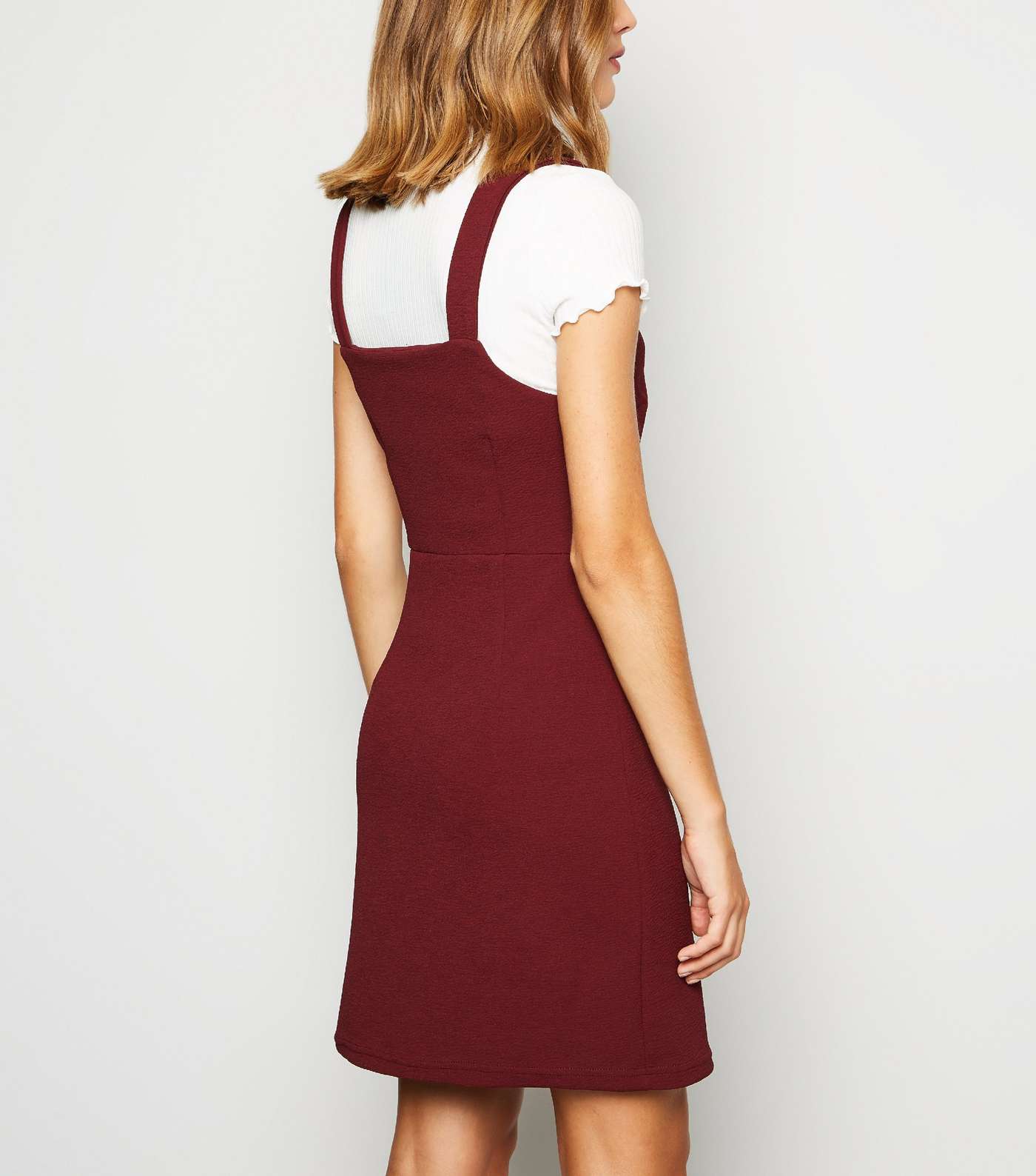 Burgundy Button Front Fitted Pinafore Dress Image 3