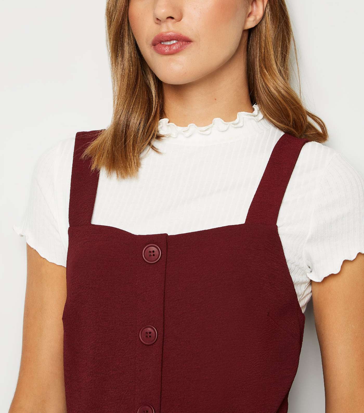 Burgundy Button Front Fitted Pinafore Dress Image 5