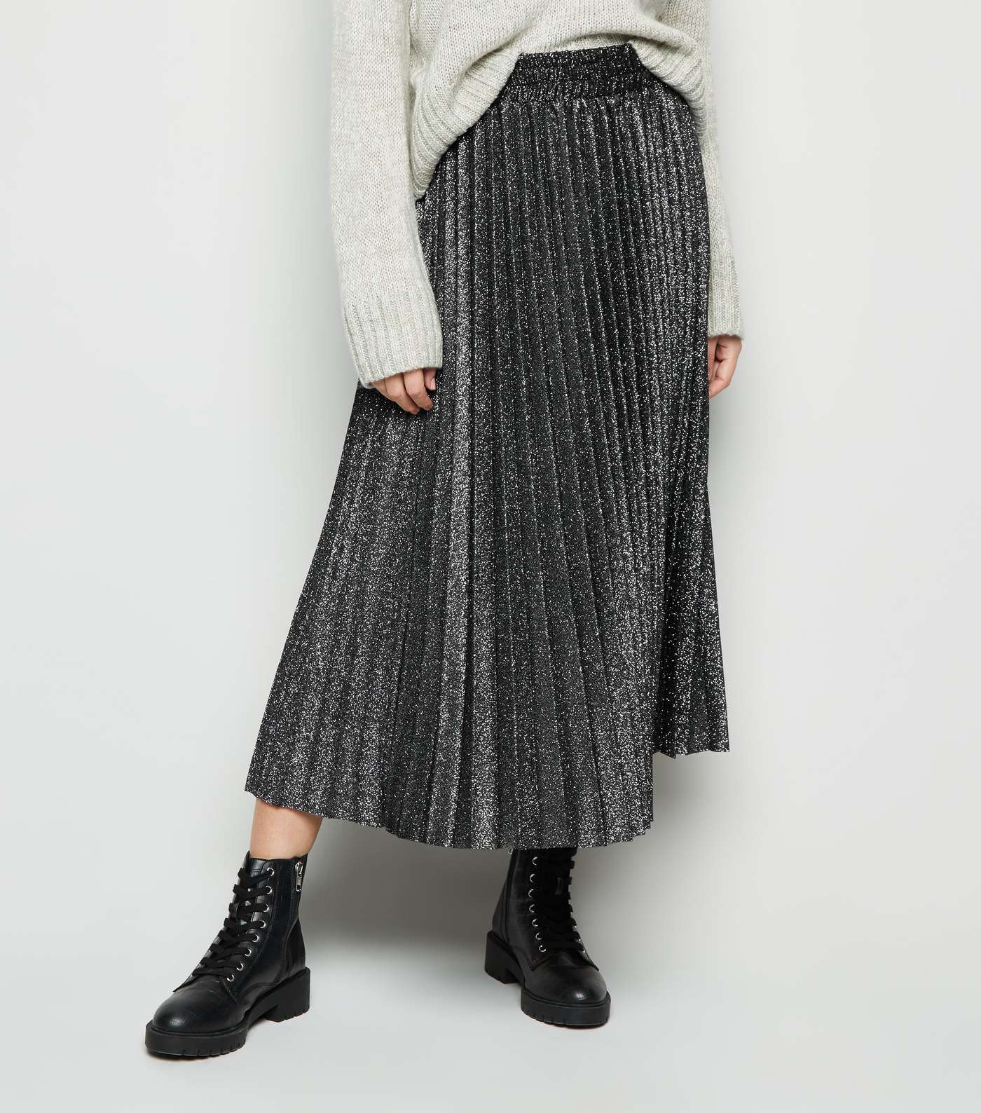 Petite Grey Glitter Pleated Midi Skirt Image 2